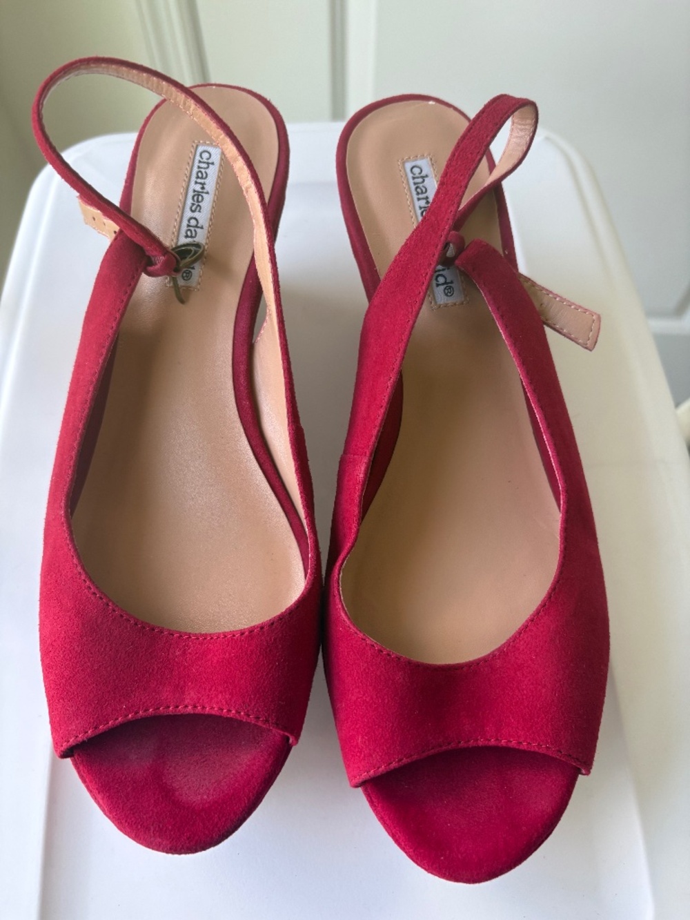 Red Suede Charles David Sling Back Wedge Sandals
